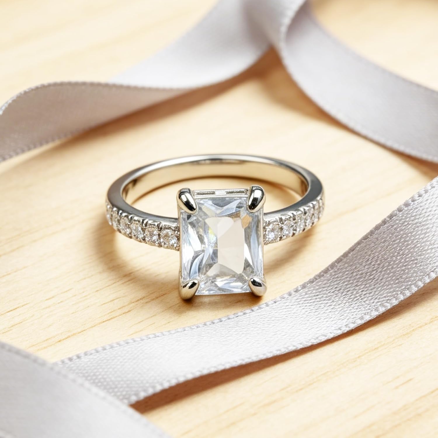 CZ 925 Sterling Silver Engagement Ring for Women,Radiant Cut Cubic Zirconia Minimalist Band Rings Jewelry Gifts for Her,Dainty Simple Promise Ladies' Ring for Wedding Daily Size:6-10