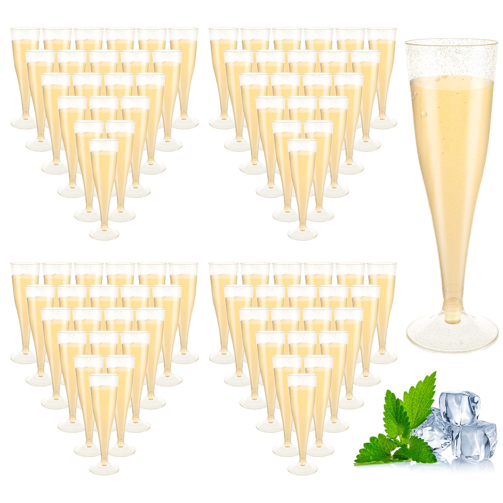 AKOLAFE 100 stuks plastic champagneglazen, 160 ml, kunststof, herbruikbare champagneglazen met gouden glitter, BPA-vrij, transparante stapelbare champagneglazen, roze voor bruiloften, verjaardagen