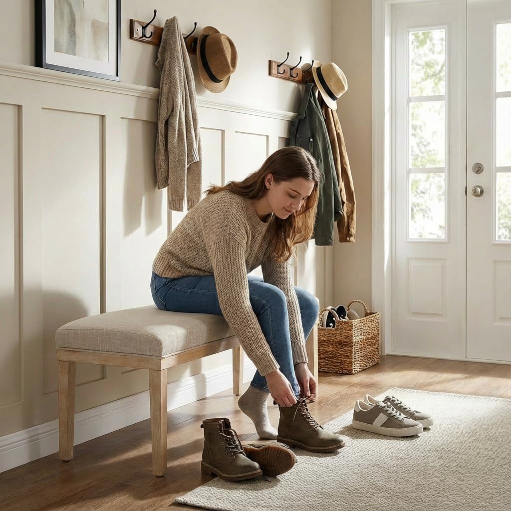 YOUNIKE 52.7" Upholstered Fabric Bench Thick Modern Table Benches with Solid Wood Legs Farmhouse Kitchen Dining Bench with Comfy 4.72" Cushion for Entryway Hallway Bedroom End of Bed Living Room Beige