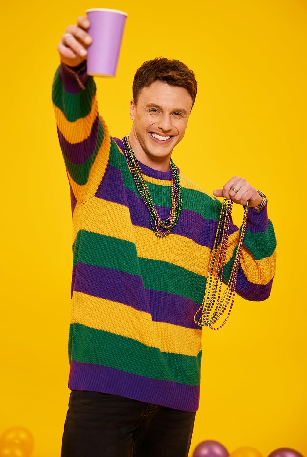 Arvilhill Men's Mardi Gras Sweater Purple Gold Green Striped Carnival Pullover (S-XXL)