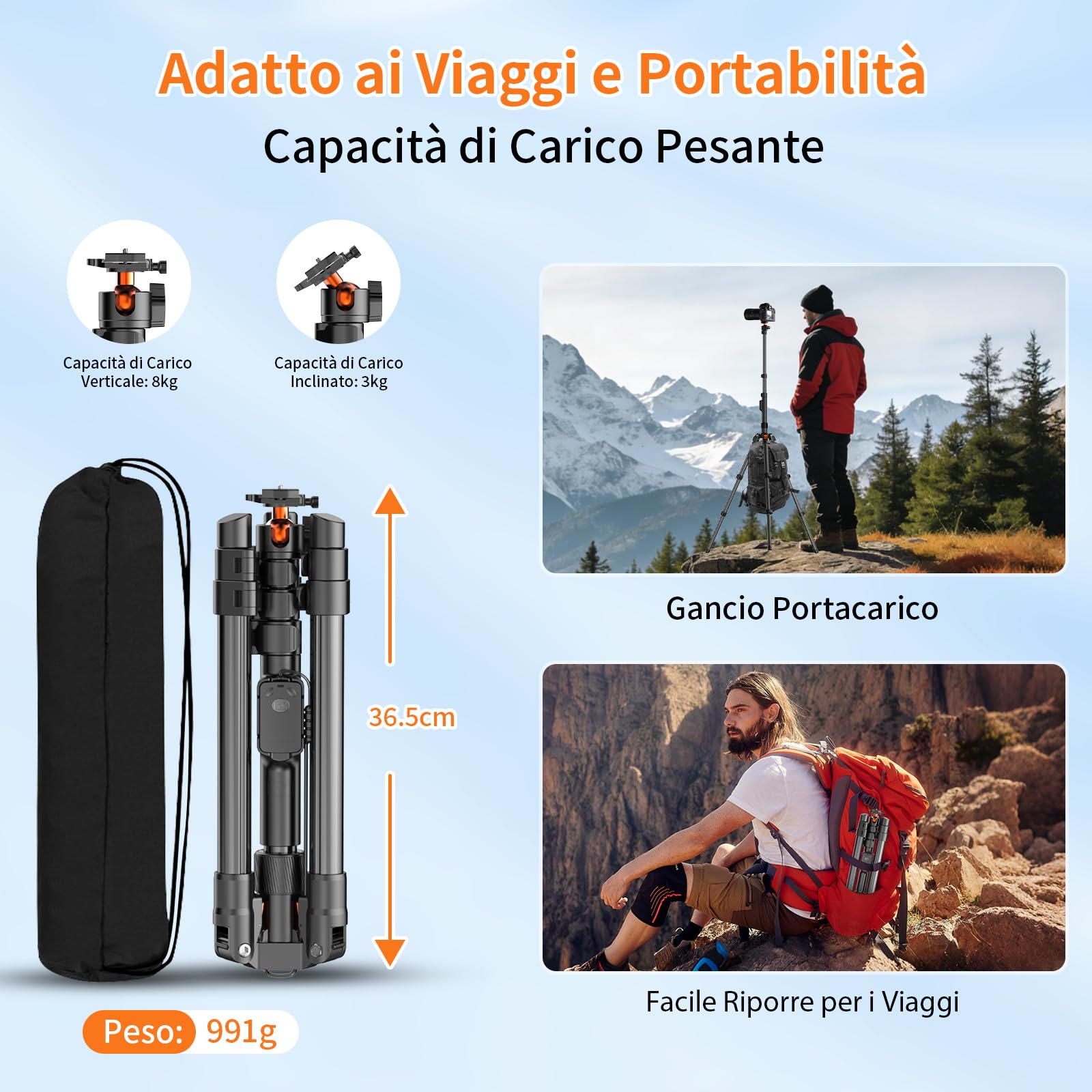 XXZU 191cm Treppiede per Fotocamera, Treppiede Smartphone con Telecomando in Alluminio, Tripod con Supporto per Telefono e Testa a Sfera a 360°, per Fotocamera/Smartphone/Anello Luce/Proiettore