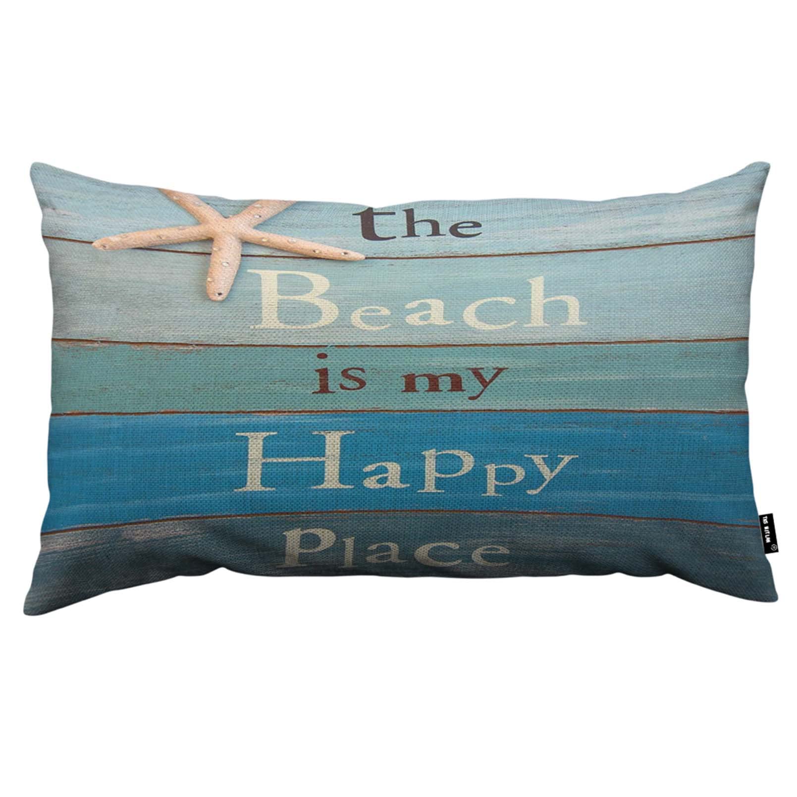 TKS MITLAN The Beach is My Happy Place Phrase Pillow Covers 12x20 Inch Starfish Wooden Board Backdrop Funny Quote Linen Couch Bed Sofa Car Waist