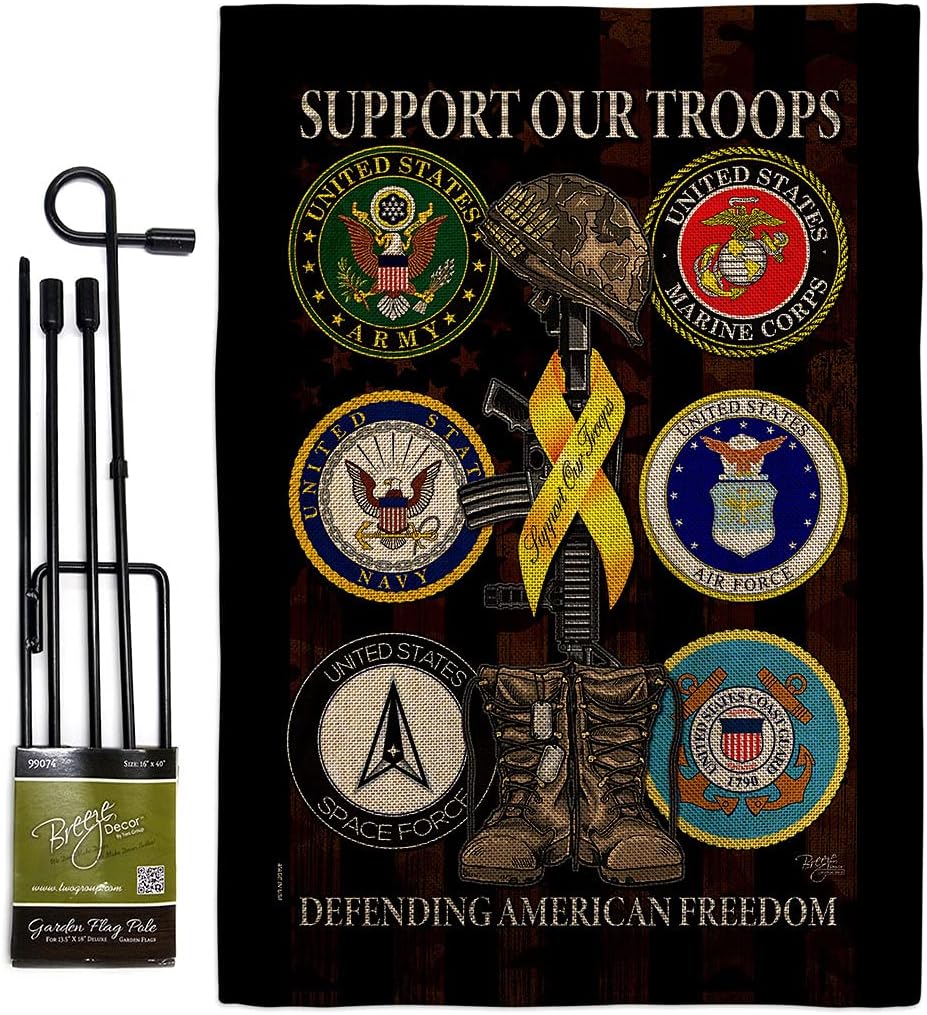 United We Support Burlap Garden Flag - Set with Stand Armed Forces Military Service All Branches Honor State American Veteran Official - House Banner Small Yard Gift Double-Sided 13 X 18.5