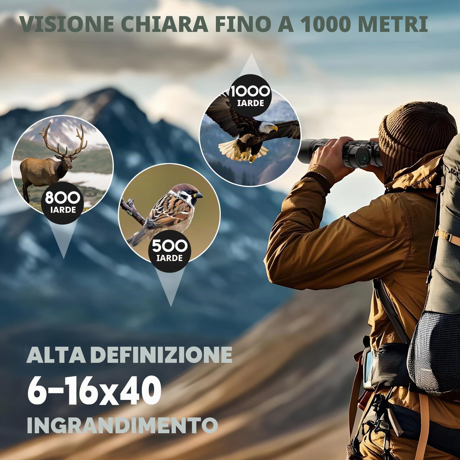 Binocolo con zoom 6-16x40 per adulti, binocolo militare ad alta potenza per bird watching, viaggi, caccia, concerti con ampia vista, BAK4, obiettivo FMC, visione chiara in condizioni di scarsa