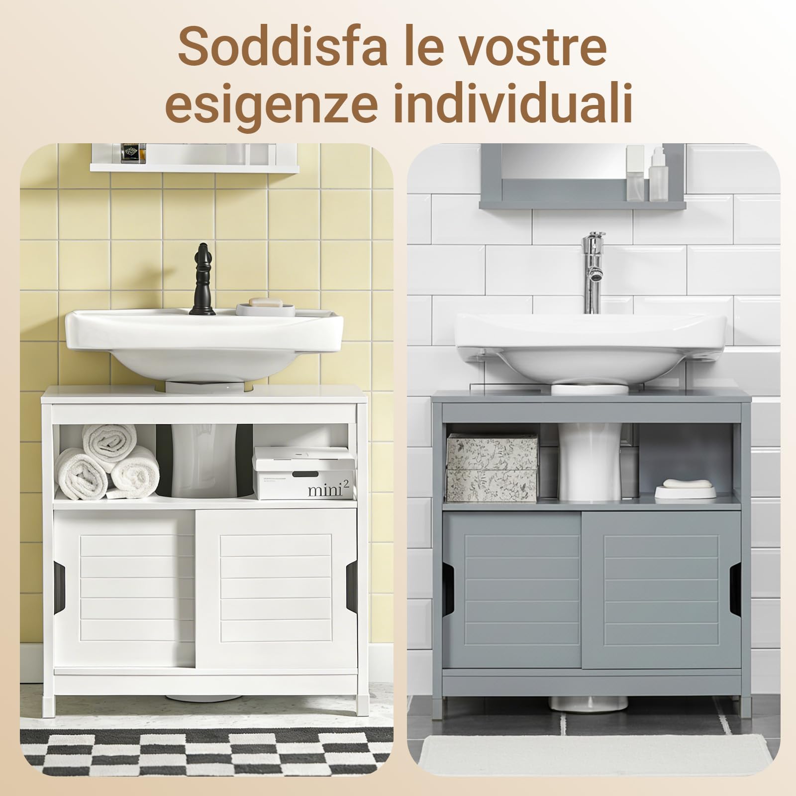 SoBuy Mobiletto Bagno Salvaspazio - Armadio Salvaspazio 2 Ante Scorrevoli e Ripiano Aperto - Mobile Sottolavabo per Bagno Moderno Piccolo – Bianco, 60x30x60cm, FRG128-II-W