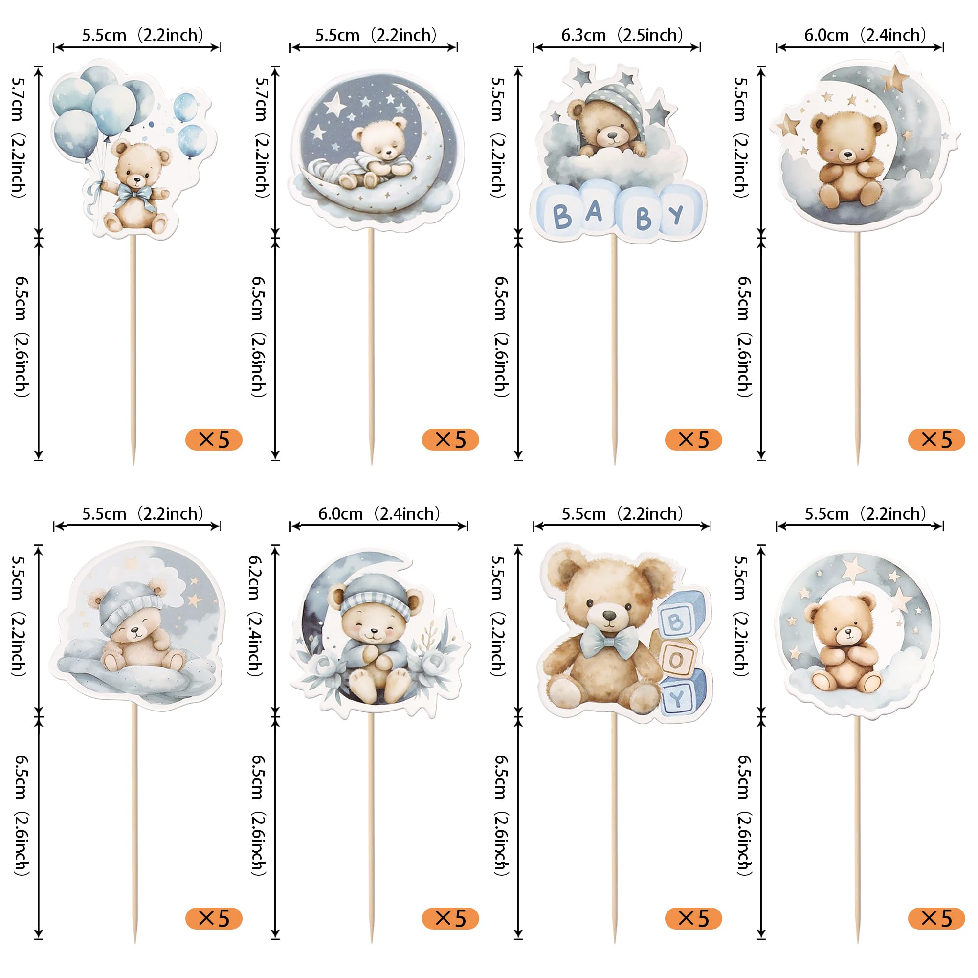 Rsstarxi 40 Pack Blue Baby Bear Cupcake Toppers Moon Balloon Goodnight Bear Cupcake Picks for Gender Reveal Theme Baby Shower Boys Birthday Party Cake Decorations Supplies