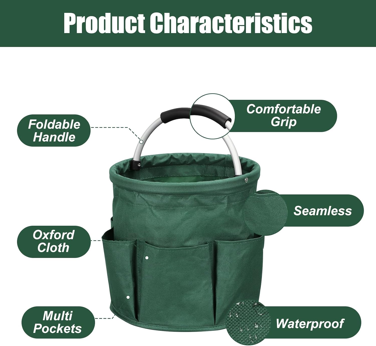 17L Portable Cleaning Bucket Organiser, 6 Pockets Foldable Cleaning Caddy with Handle Wearable Cleaning Caddy Bag for Outdoor Camping Garden Harvest Basket Home Bathroom Storage (Dark Green)