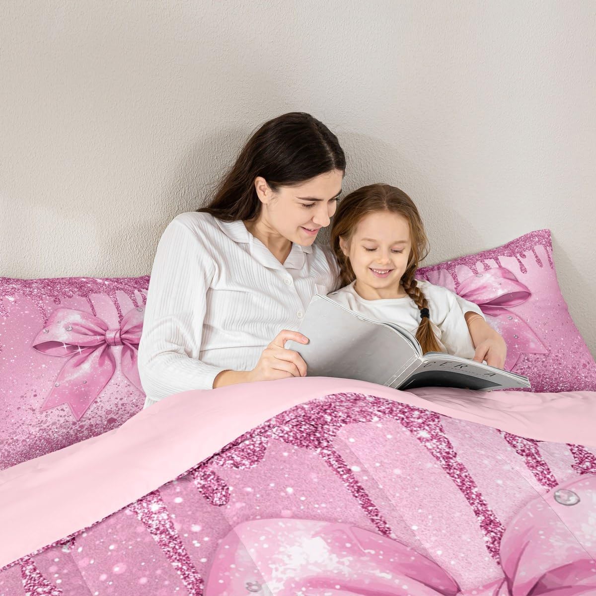 Kids Watercolor Bow Bedding Set Twin Size Pink Glitter Bow (No Glitter) Duvet Quilt for Boys Girls Teens Bedroom Decor Cute Bowknot Comforter Set Soft Microfiber Coquette Bows With 1 Pillow Case