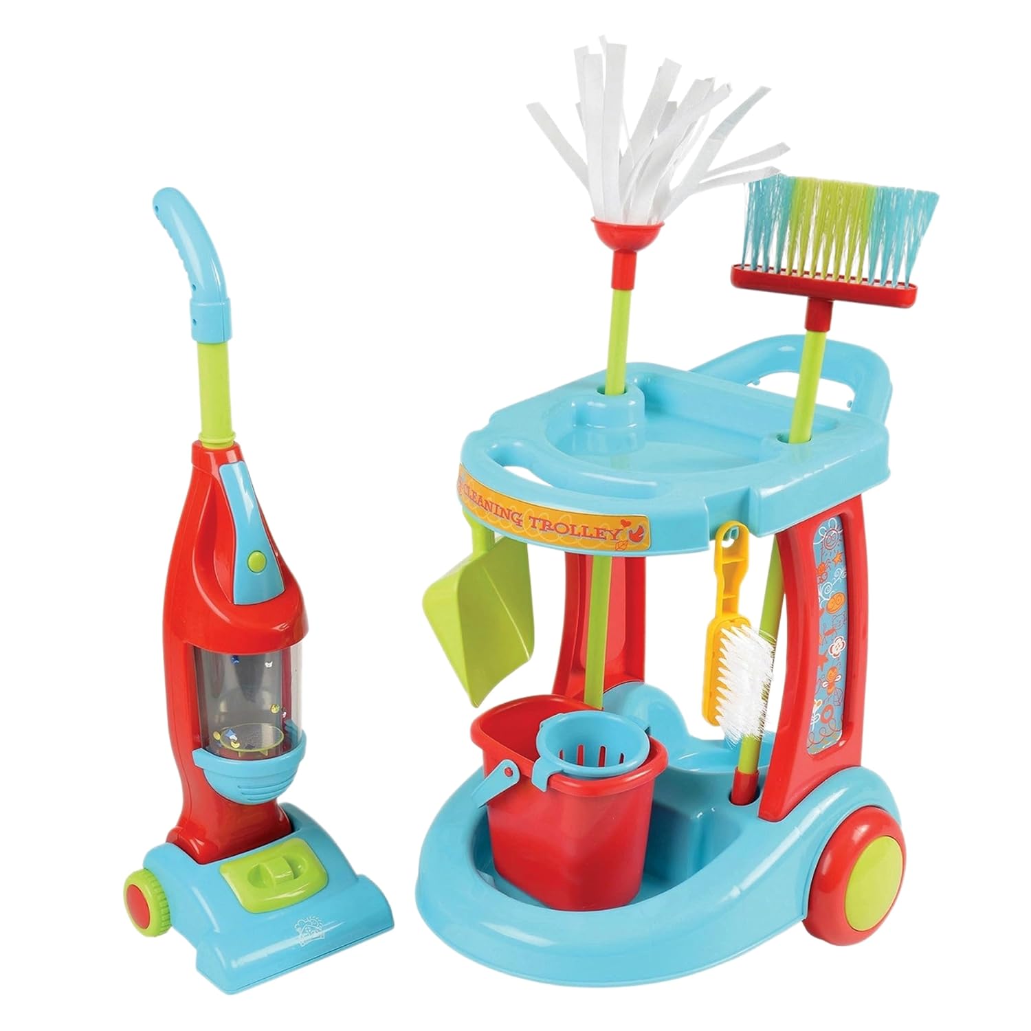Constructive Playthings Little Helper 12-Piece Kids Cleaning Set with Toy Vacuum, Cart, Broom, and Mop, Pretend Play Toddler Cleaning Toy Set for Kids Ages 3+, Multicolor