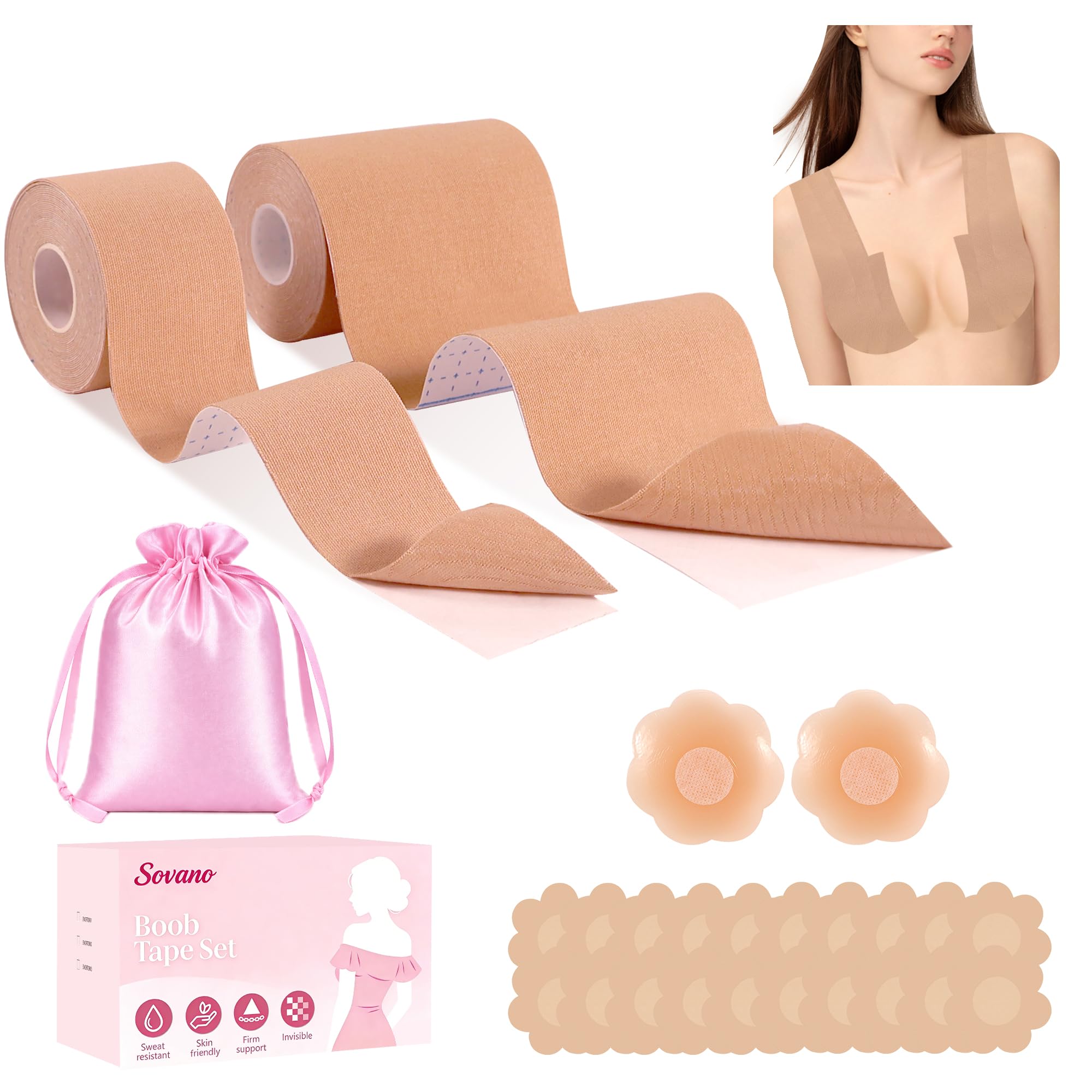 Sovano Women's Beige Boob Tape Set, Boobtapes For Lift Support A-G Cup For Push Up, 2 Pack 5M Stretchable Self-Adhesive Boobtape For Small Large Breasts Body Tape With 2 Pcs Nipple Covers