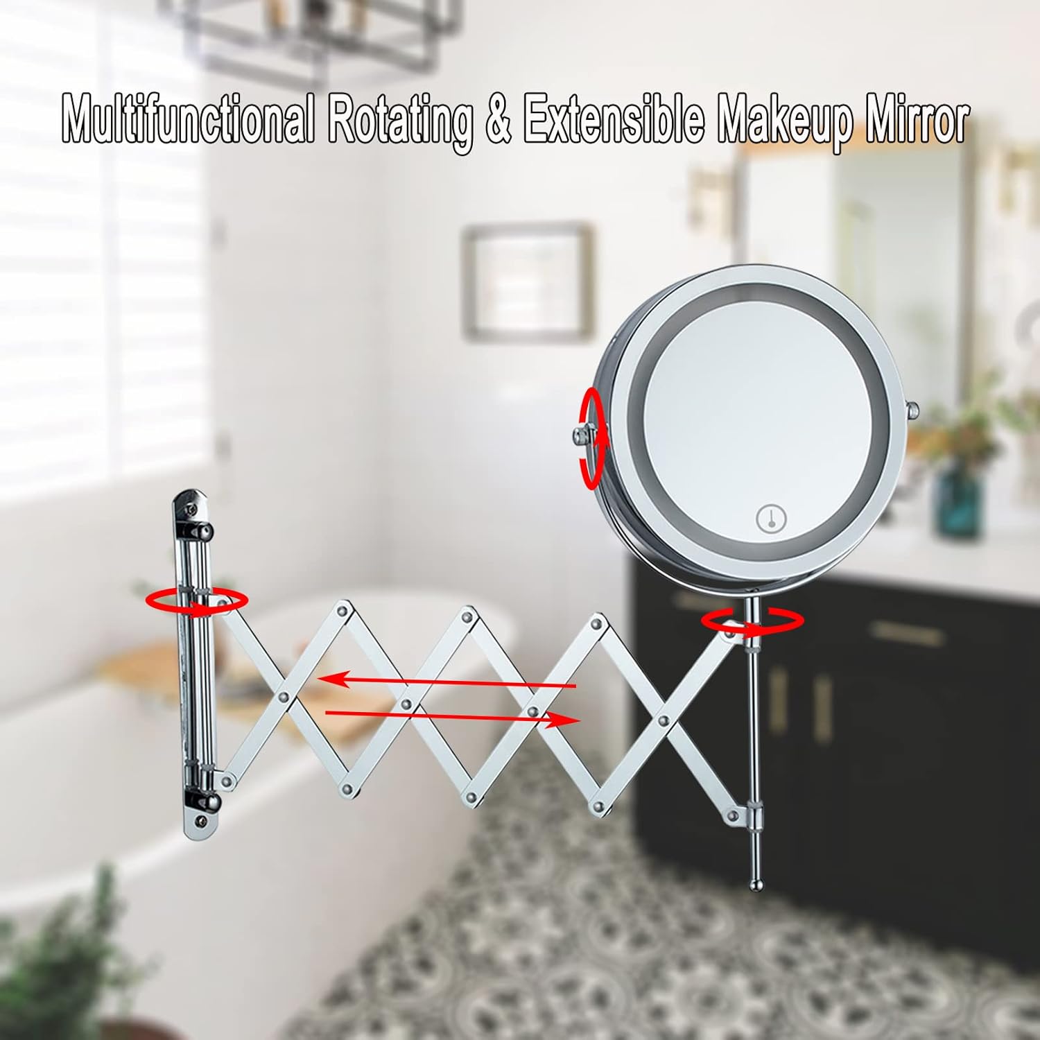 Makeup Mirror with Light, 7" Round Extendable Mirror Wall Mounted Magnifying Mirror Double-Sided Bathroom Shaving Mirror 360° Swivel Vanity Mirror, for Bathrrom, Charge by USB