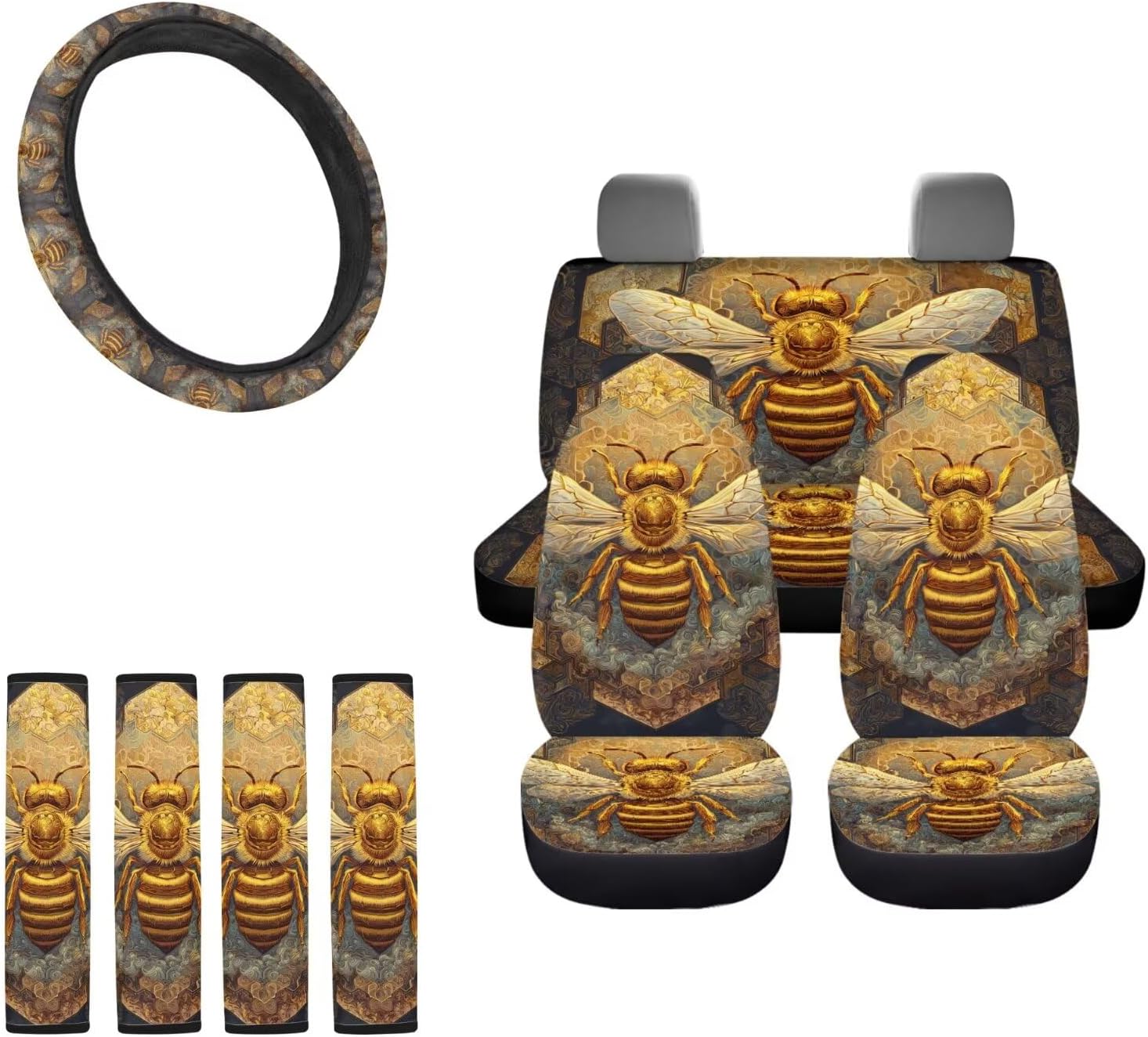 American Flag Wolf Print Car Seat Cover Set Automotive Interior Accessories Set for Women Men, Front and Rear Seat Covers, Steering Wheel Cover, Seat Belt Pad, 9 Pack