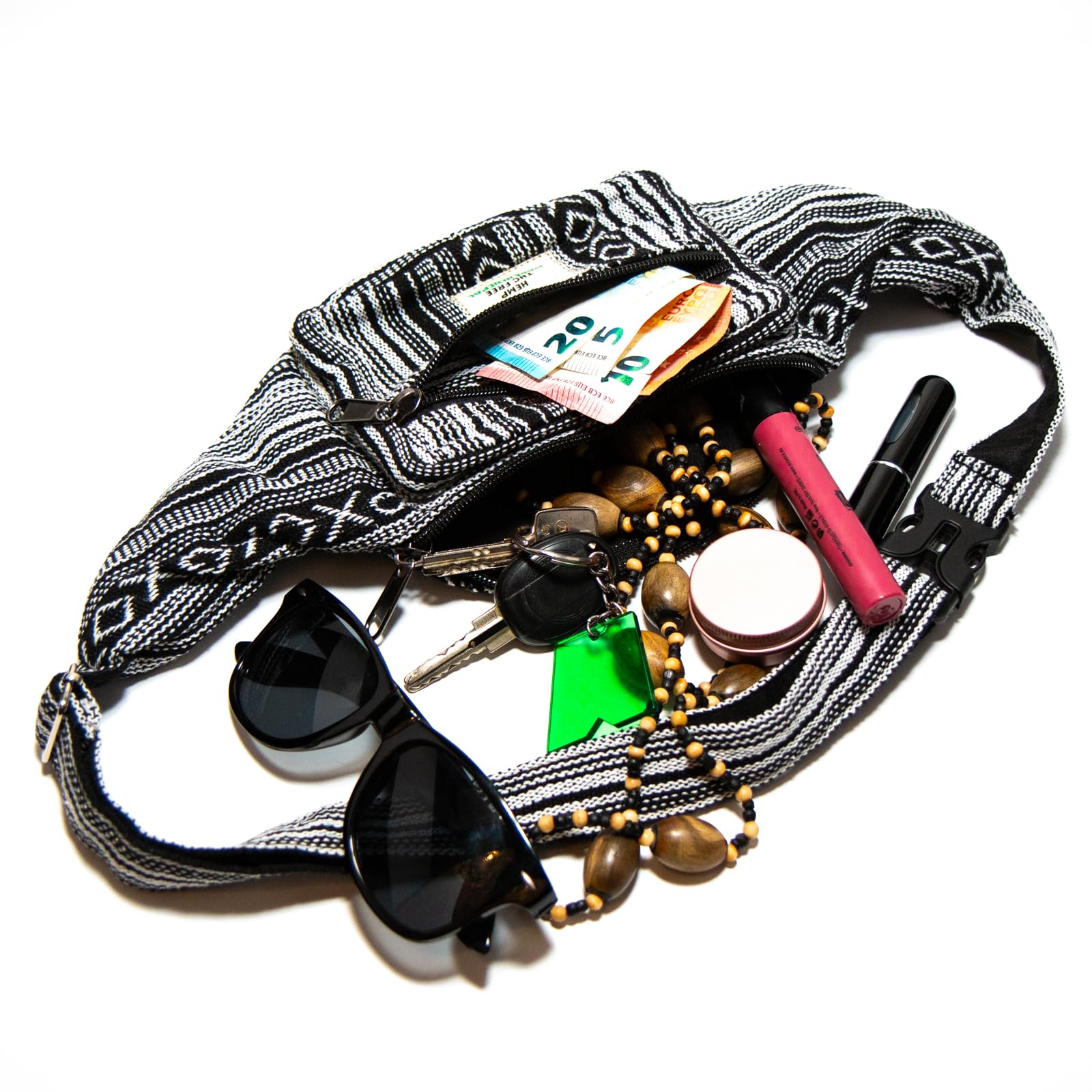 Marsupio Himalayan Hemp, ogni marsupio è un pezzo unico con stile, hipbag sostenibile in canapa, realizzato a mano in Nepal, Nero/Bianco, S