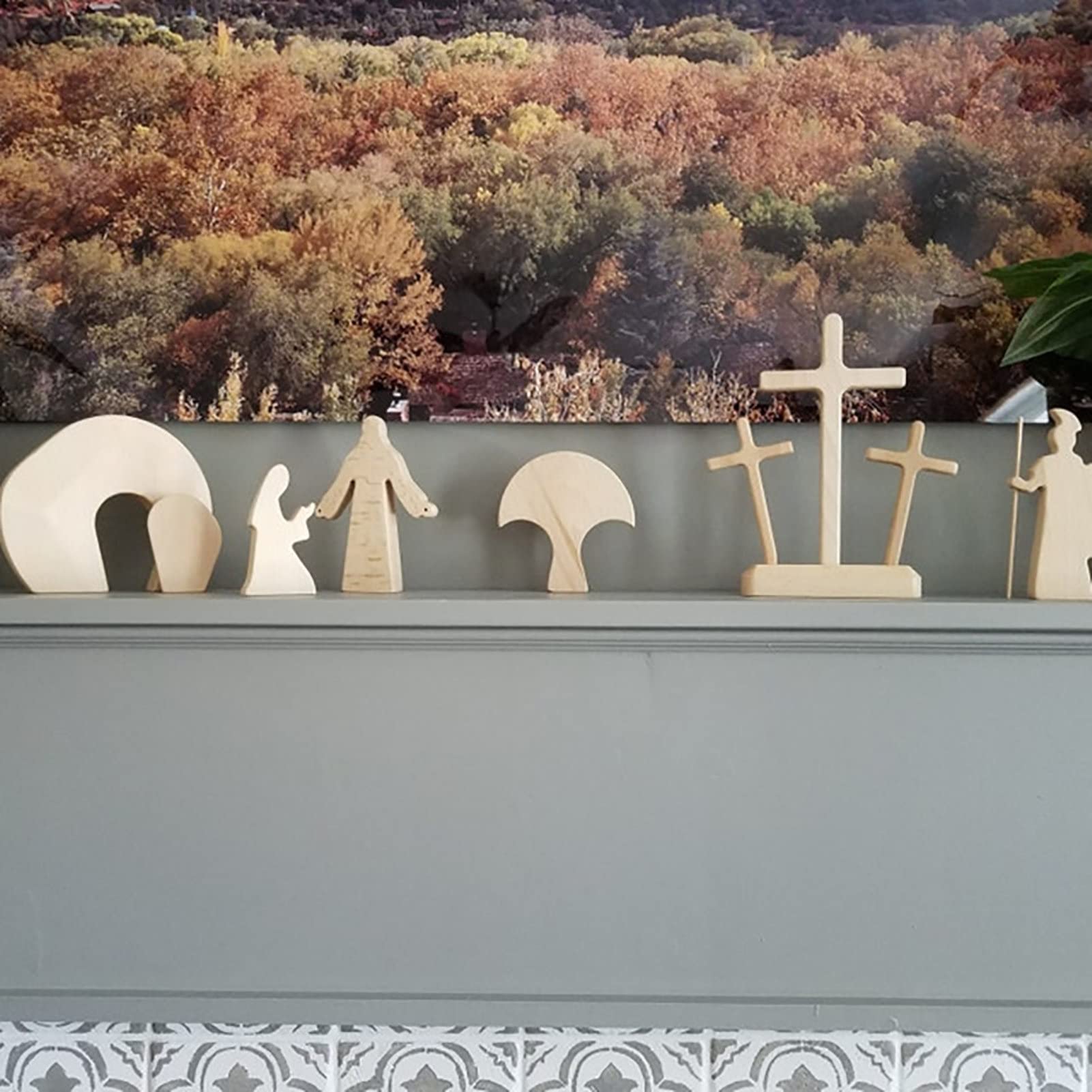 Osterkrippe Holz Osterszene Dekorations Set, Handgefertigte Jesus Krippe, Holzkreuz Osterfigur Osterdekoration Auferstehungs Szenen Set Krippenfiguren Aus Holz Für Zuhause, Tisch, Büro
