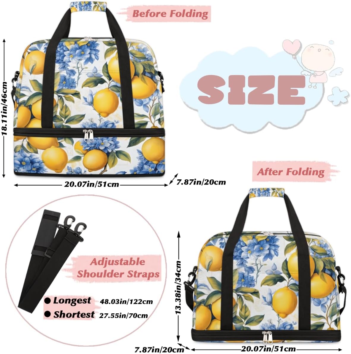 QsirBC Lemon Plants Decor Gym Bag for Women Duffle Tote with Shoes Compartment Men Weekender Duffel for Dance Travel Sports Swimming Overnight