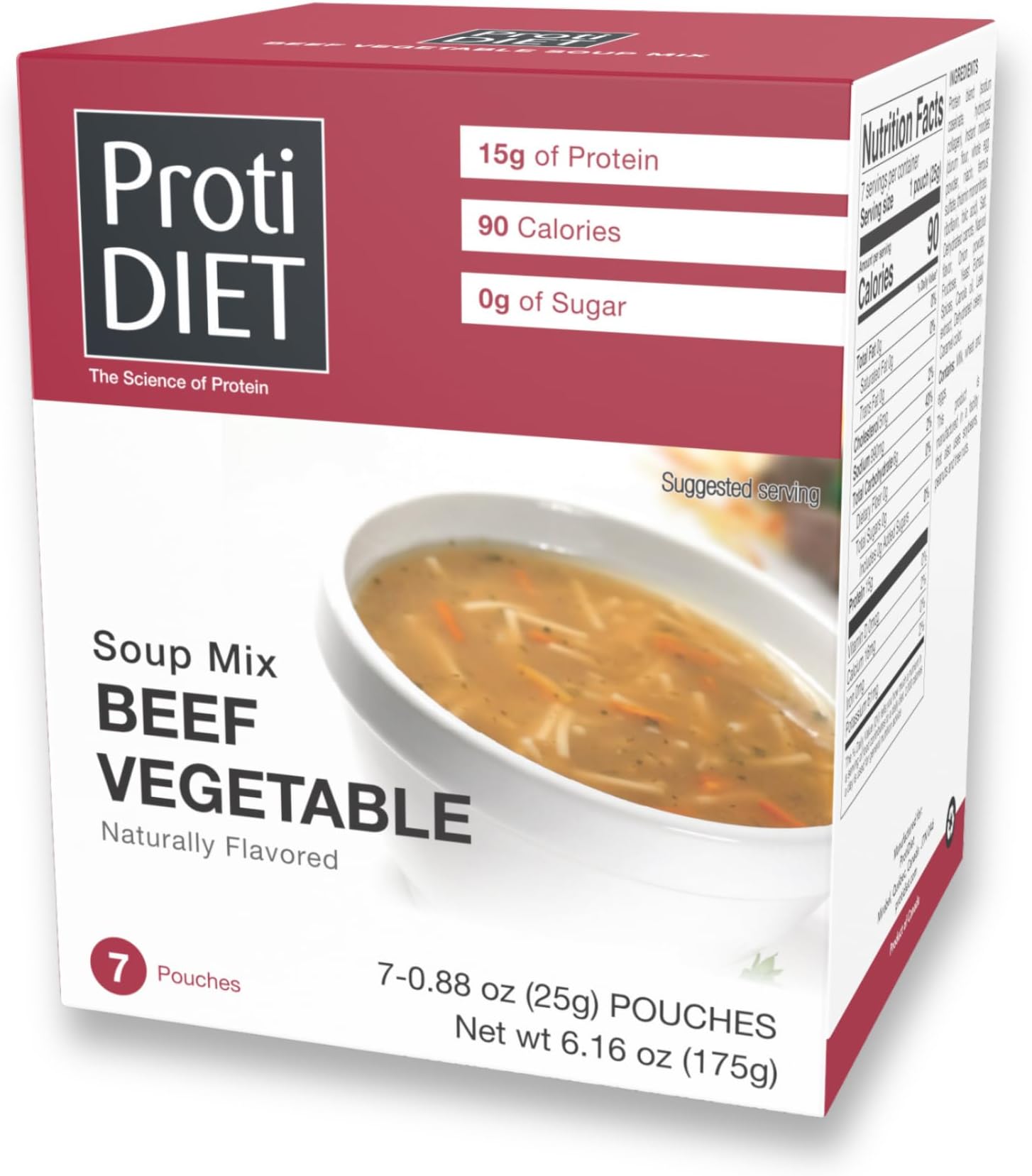 ProtiDIET High Protein Beef Vegetable Soup Mix, Low Calorie, No Fat, Sugar-free, Quick and Easy-to-Prepare Satisfying Meal Replacement Protein Powder Soup Mix with Collagen- 7 Soup Mix Pouches Per Box