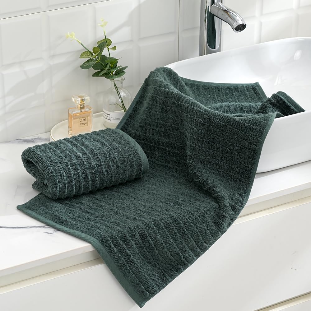 sense gnosis Stereoscopic Ladder Striped Green Hand Towel Soft and Absorbent 100% Cotton Luxury Bathroom Jacquard Hand Towel Decorative 13 x 29 Inch - Image 2