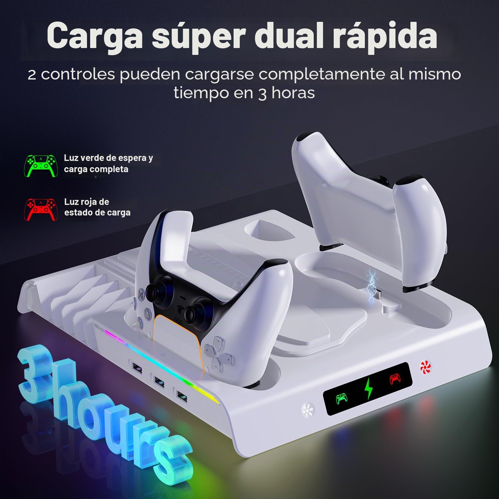 Labtec Soporte para PS5 / PS5 Slim / PS5 Pro con ventilador de enfriamiento y iluminación RGB, base de carga de controlador dual para consola PS5/Slim/Pro con 5 ranuras para juegos y 3 puertos USB
