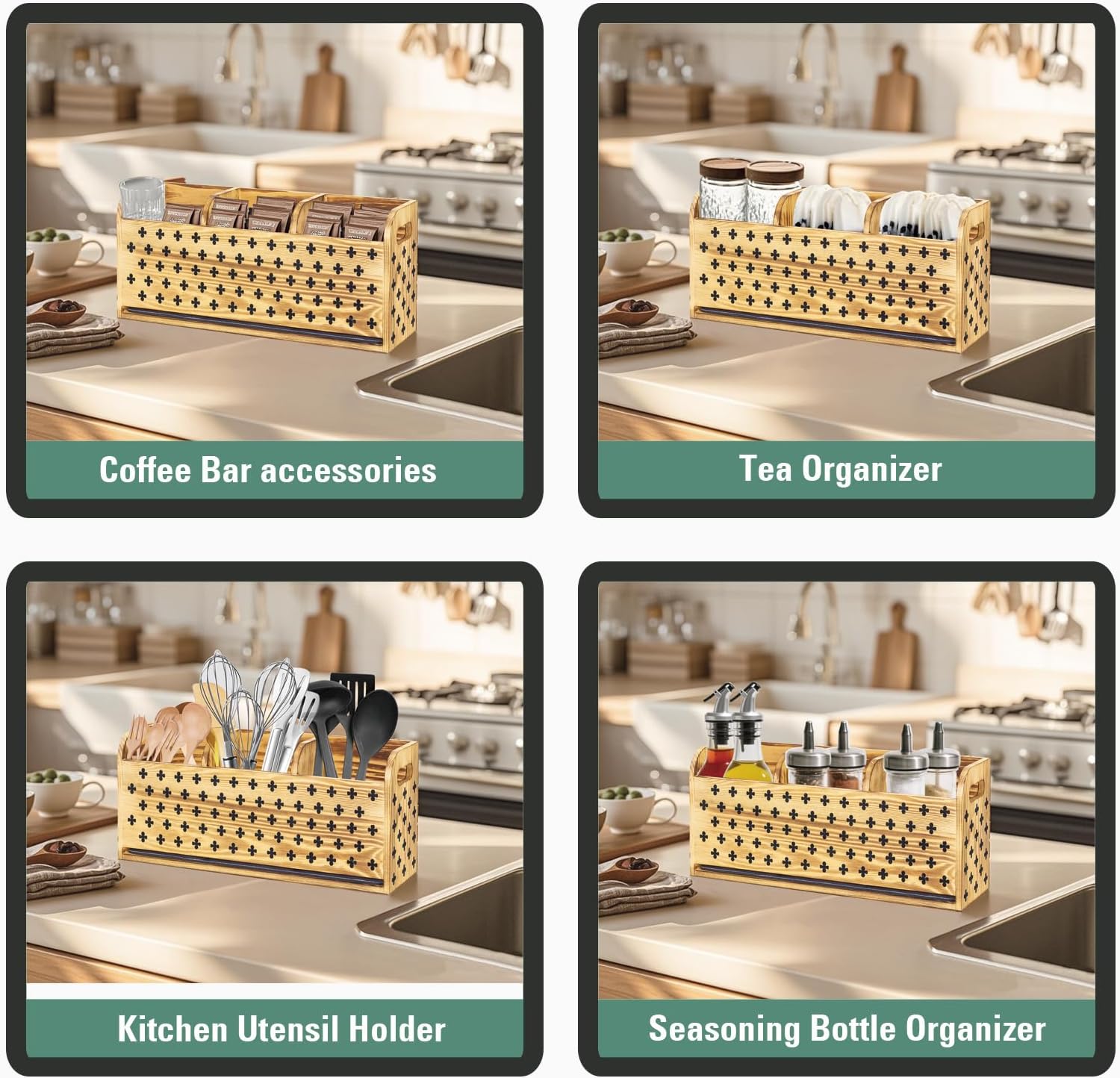 Kitchen Wooden Utensil Holder for Kitchen Countertop Decor 3 Compartments Farmhouse Indoor Utensil Organizer with Removable Absorbent Cushions (Clover)