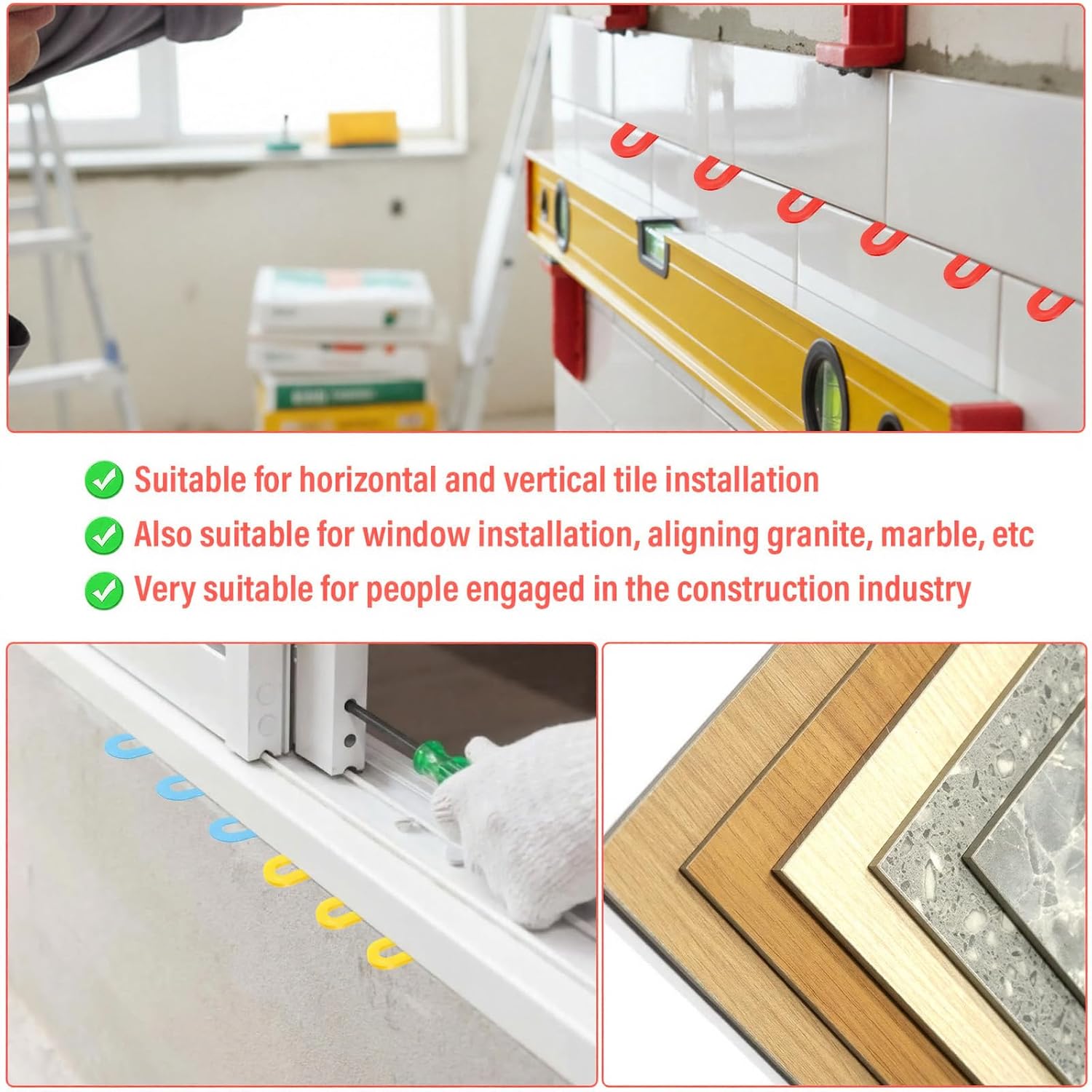 800 Pcs Horseshoe Shims, Plastic U Shaped Tile Spacers for Leveling Windows, Floors, Doors, 4 Colors for Easy Identification, Blue 1/16”, Red 1/8”, Yellow 3/16”, Black 1/4”