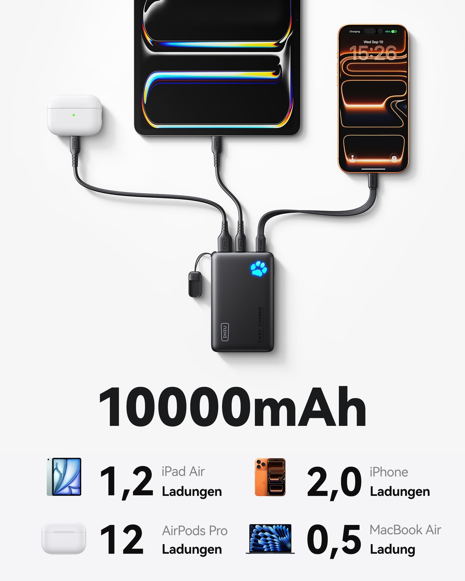 INIU Power Bank, Kleiner 45W Schnellladen 10000mAh Powerbank mit Abnehmbar USB C Kabel, Flugtauglich & Reise-Essential, Externe Handyakkus für iPhone 17 16 15 Pro, Samsung S25, Xiaomi, iPad etc