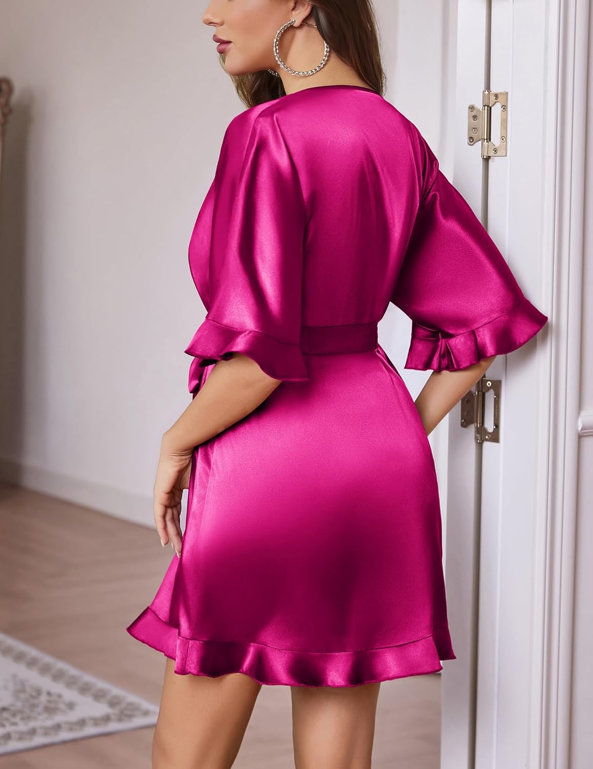 Ekouaer Silk Robes for Women Short Lightweight Bathrobe Ruffled Satin Kimono Robes Sexy Bride Bridesmaid Sleepwear - Image 2