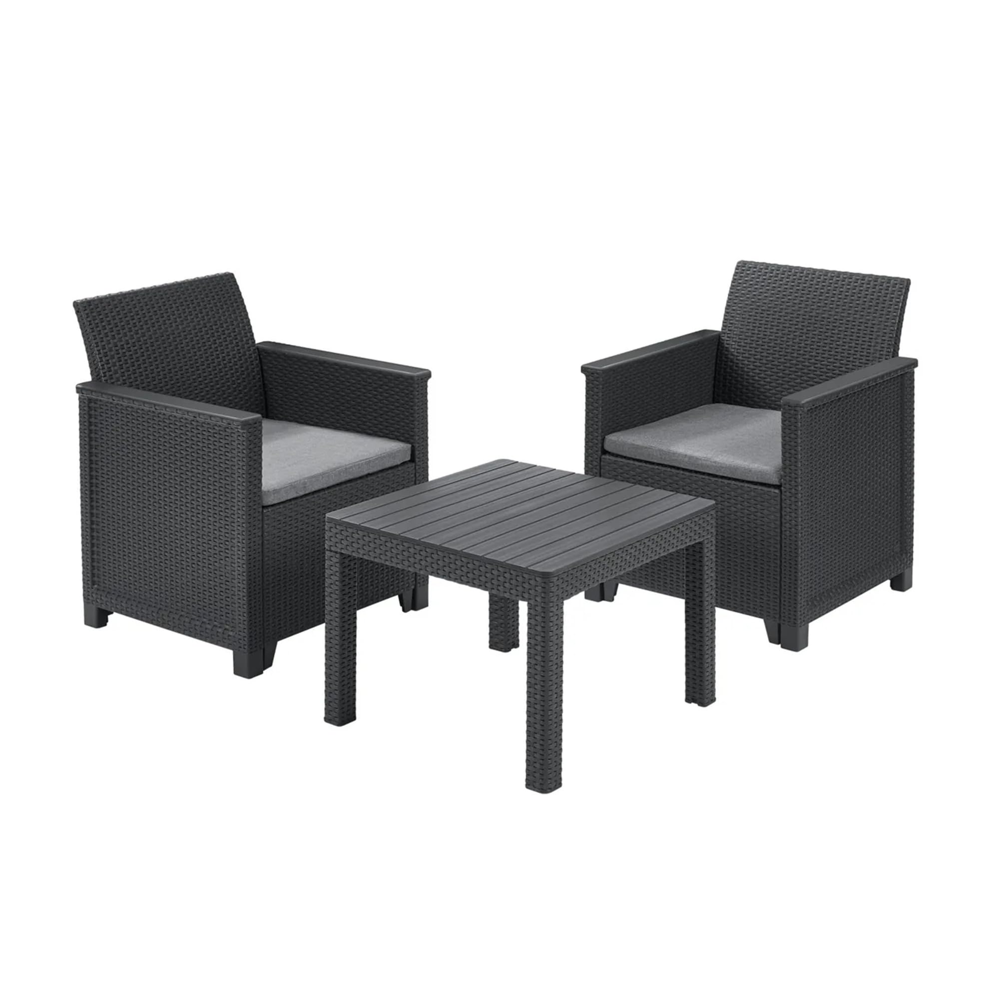 Keter Salottino da Giardino Emma Balcony, Composto da Due Poltrone e Tavolino, Finitura Effetto Rattan, Ideale per Balcone, Terrazzo e Patio, Grafite