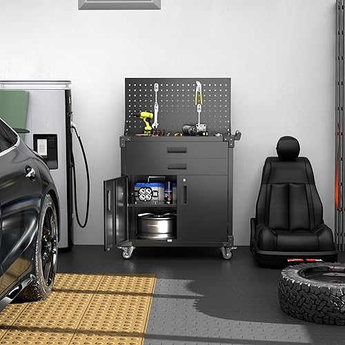 Miniatura 154 de Armario de almacenamiento de metal con tablero de clavijas de 31.5 x 31.5 x 16.5 pulgadas, armario de almacenamiento de acero con cerradura con 5