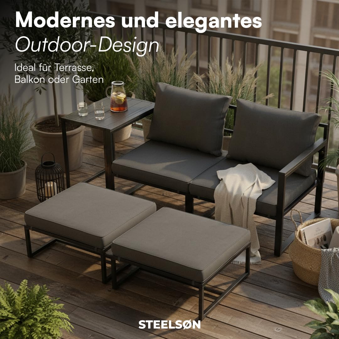 STEELSØN Asteri Sitzgruppe 5-teilig – Gartenmöbel Set mit 2 Sessel, 2 Hocker, 1 Tisch – Balkonlounge Metallgestell Schwarz – inkl. Sitzpolster anthrazit – Terrassenlounge für 2-4 Personen – wetterfest