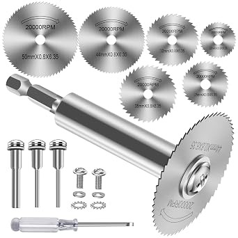 FOTYBEl Cutting Wheel for Drill, Rotary Tool Cutting Discs with 6pcs Steel Saw Blades, 1pc 1/4" Hex Long Shank, 1/4" Round Shank, 2pc 1/8" Round Shank, for Cutting PVC Pipe Wood Plastic Soft Metal