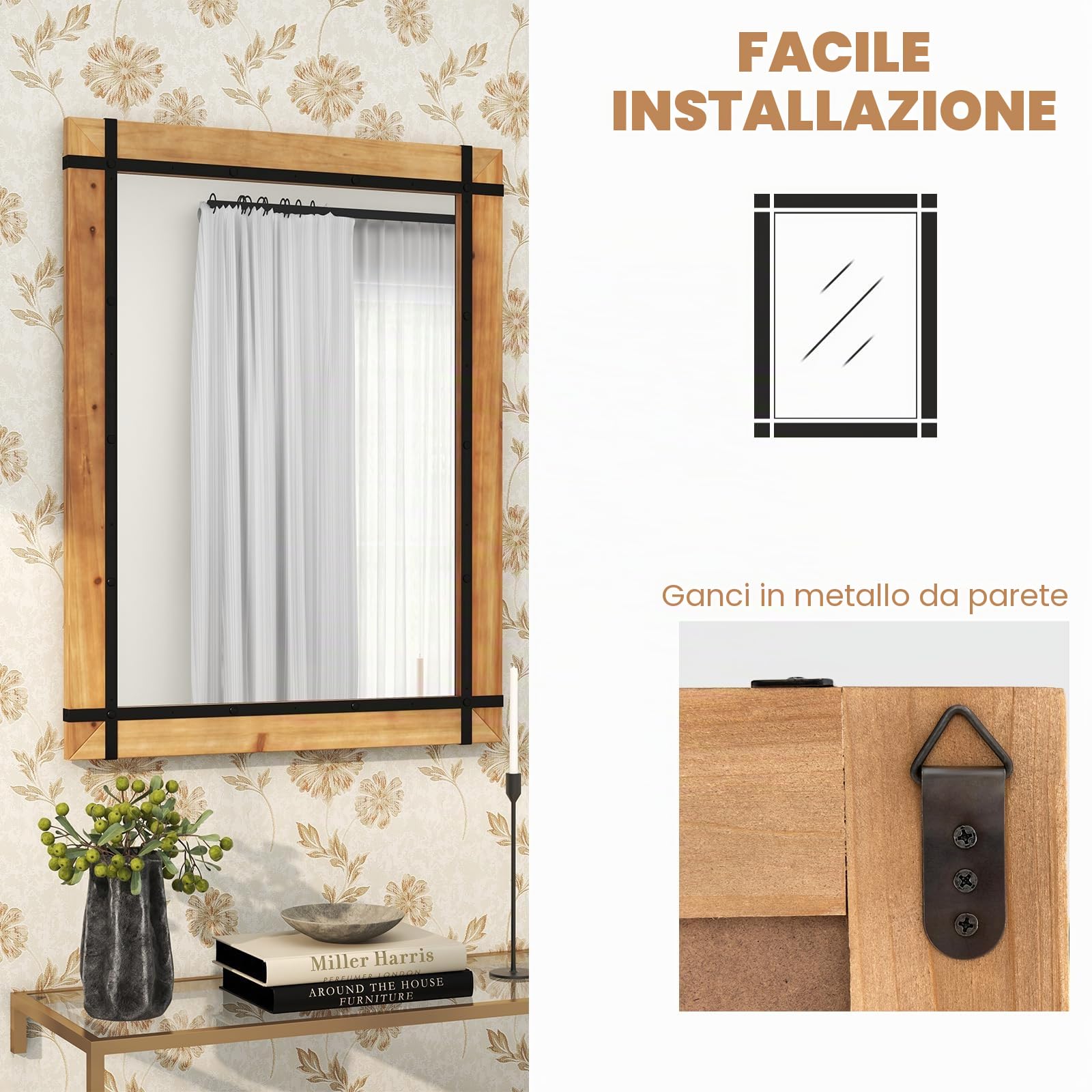 LIFEZEAL Specchio decorativo da parete 77 x 100 cm, specchio rettangolare con cornice in metallo e legno di abete, specchio da parete in stile rustico, per camera da letto, bagno, soggiorno,