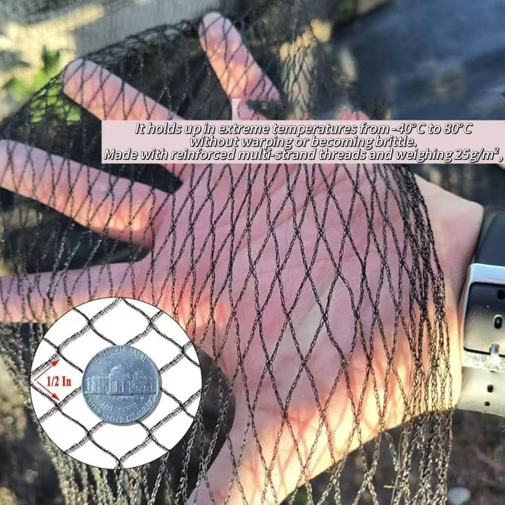 JUNFLYING 25x50 Ft Pond Netting for Leaves, 1/2 in Fine Mesh, Strong Woven Koi Fish Net Cover, Against Birds, Cats & Predators, Stakes Included