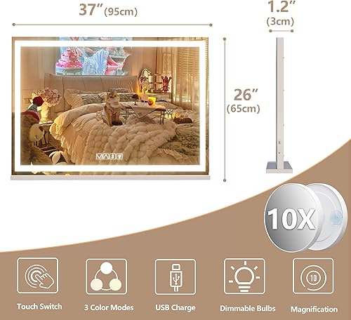 Miniatura 3 de Hasipu Vanity Mirror with Lights and Bluetooth Speaker, 37" x 26" LED Makeup Mirror, Lighted Makeup Mirror with Dimmable 3 Modes, Touch Screen