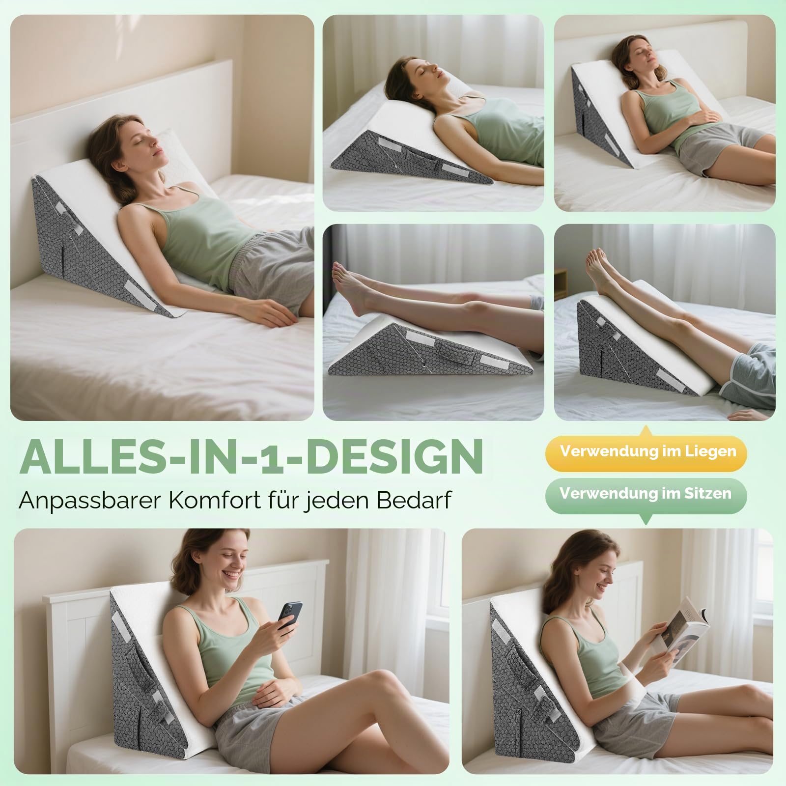 Keilkissen Bett - Keilkissen zum Schlafen Verstellbares Ke-ilkissen, Hochdichteschaum Lesekissen für Bett und Sofa, Ergonomisches Kopfkissen Bettkeil, Beinkissen-Rückenkissen beim Spielen, Lesen