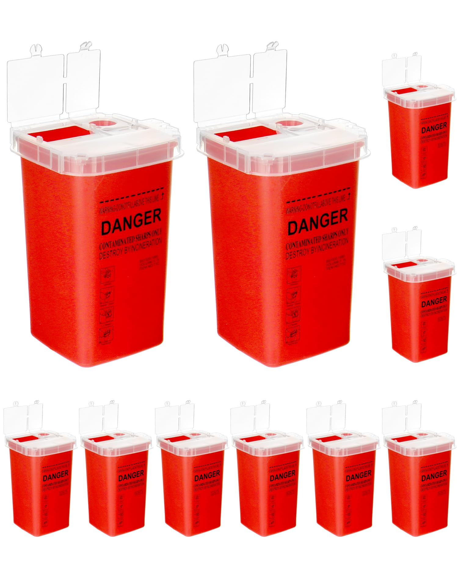 QWORK 1 Quart Sharps Disposal Container - Puncture-Resistant, Leak-Proof, Red Hard Plastic, Pack of 10, Empty Container only