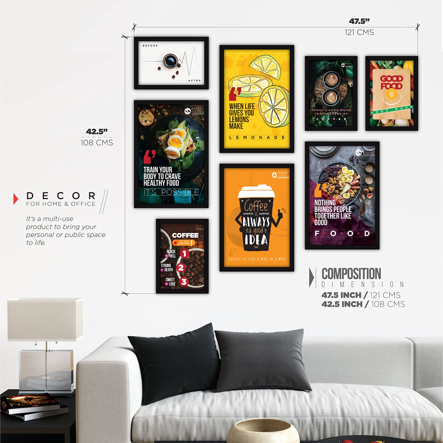FATMUG Glass Food Quote Posters Framed Wall Paintings (Multicolour, Four A4 and Four A3 Frames) - Set of 8 2