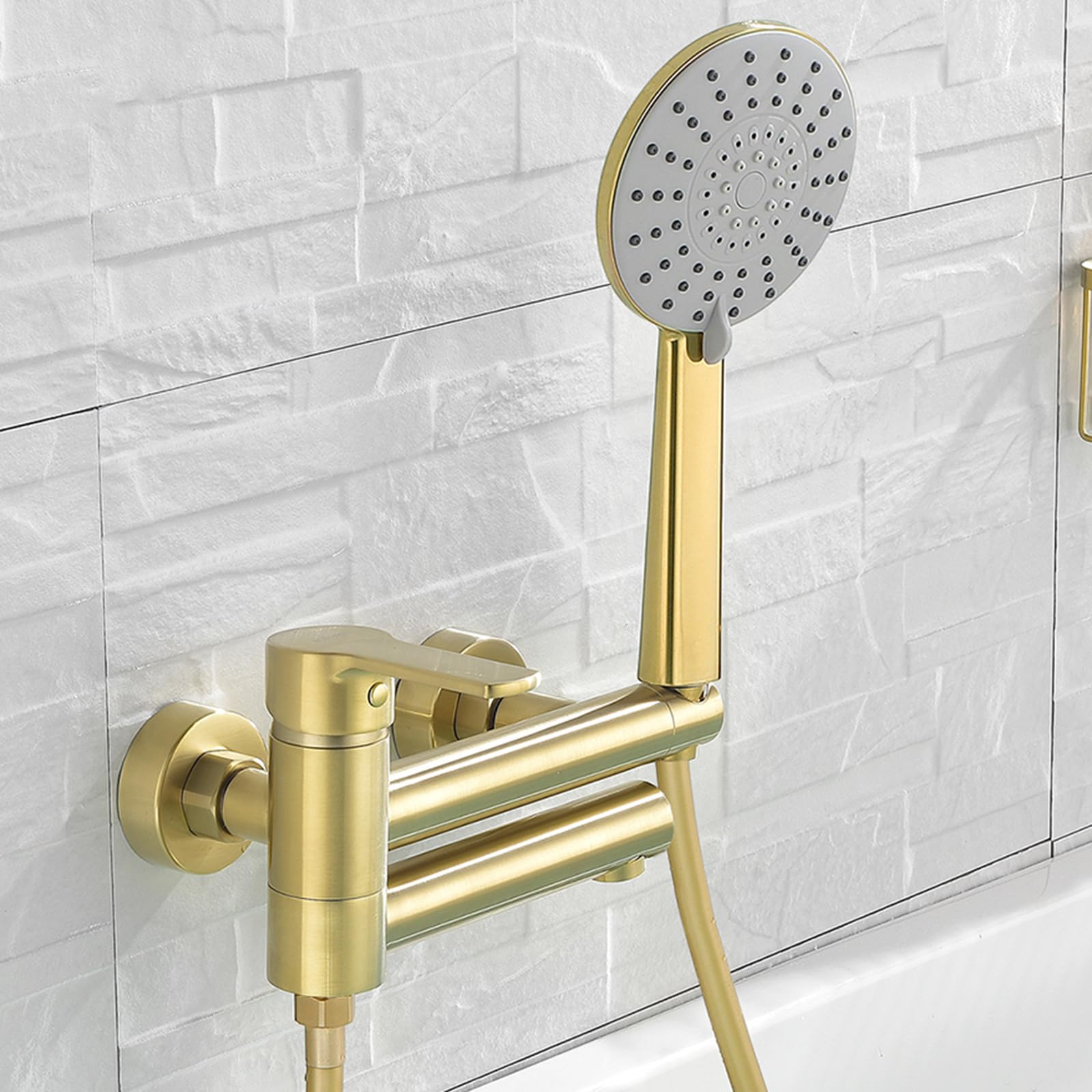 JYBNBBE Bath Mixer Taps with Shower Brushed Gold Wall Mounted Tap Brass 90 Swivel Spout Bathroom Hot Cold Water Tap Mixer Shower Single Handle Faucet-A (Brushed Gold)