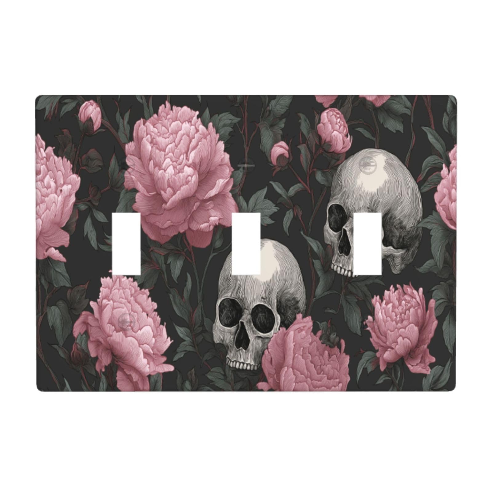 Skulls and Pink Peonies Gothic Light Switch Covers 3 Gang Triple Toggle Wall Plate Switchplate Electrical Faceplate for Bathroom Kitchen Bedroom Decor
