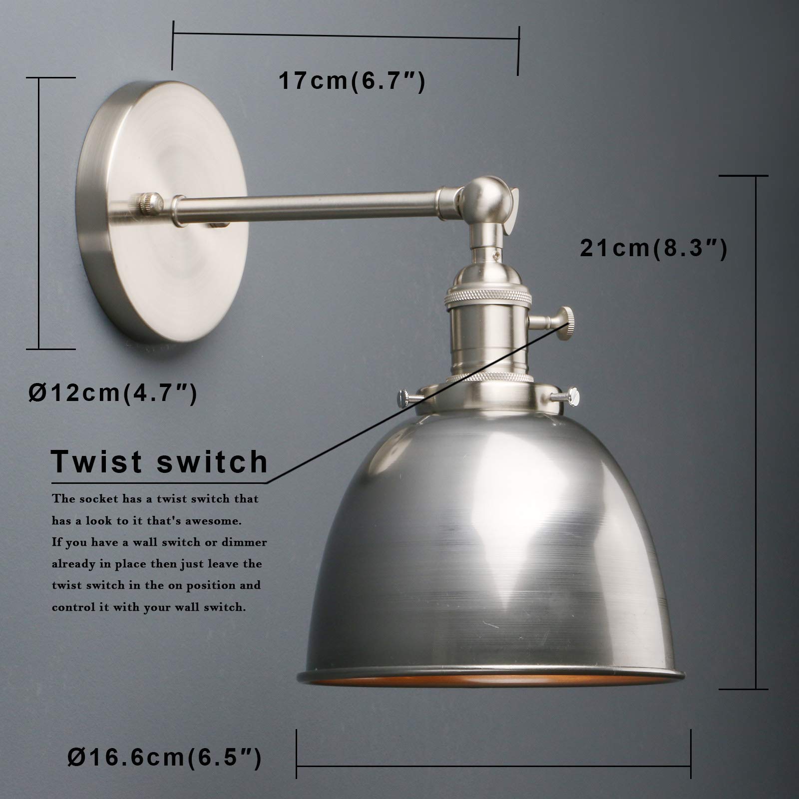 Phansthy Wandleuchten Retro Wandlampe aus Metall Deckenhalbkreis mit Schalter Verstellbar Wandspot E27 Moderne Wandleuchte Innen für Schlafzimmer Flur Eingang Wohnzimmer Küche(Klarlack)