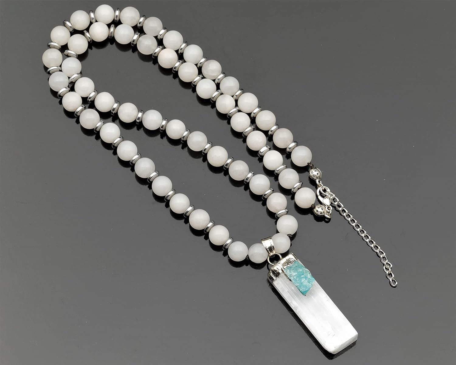 ElisaJewelryArt - Natural Raw Selenite With Tourmaline Crystal Beaded Necklace Genuine Selenite Gemstone Memory Stone Clasp Closure Necklace Unisex Necklace - Image 7