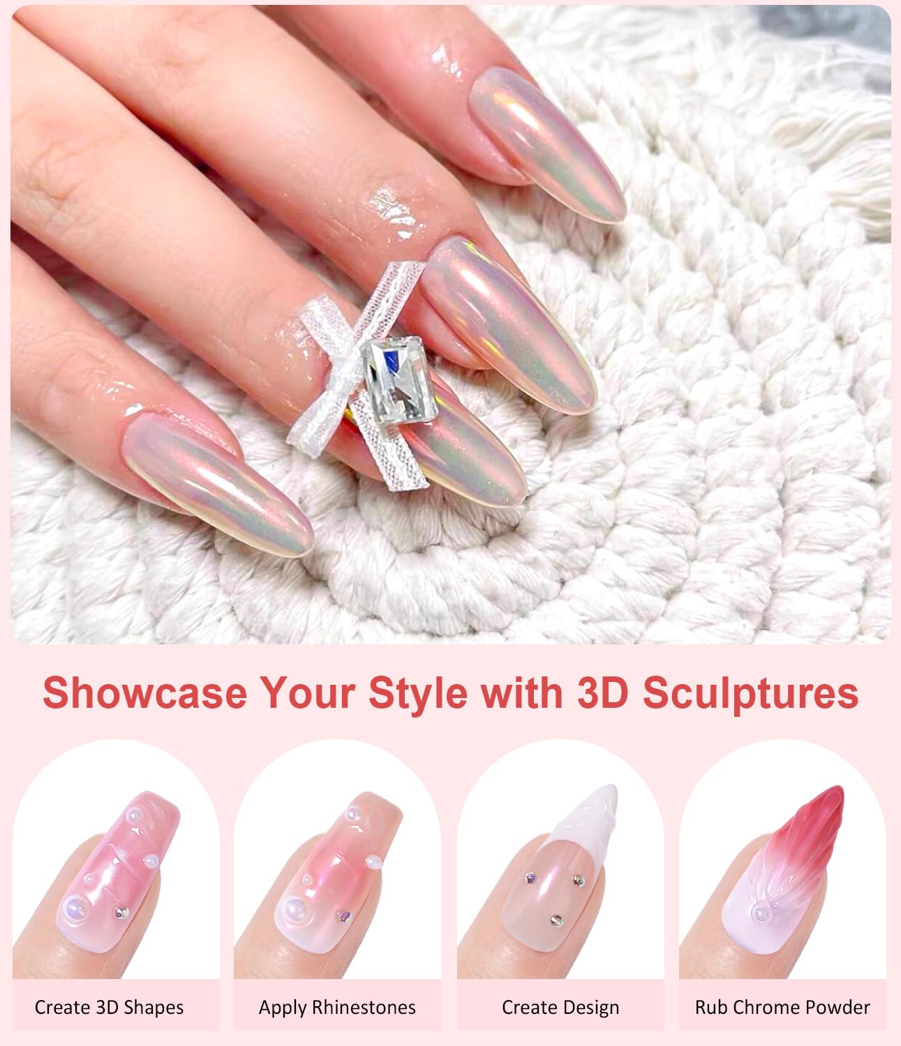 Zestaw dla początkujących Chrome Nail Powder: Nasz zestaw chromowanych proszków do paznokci zawiera różne kolory chromowanych proszków do paznokci Aurora, takie jak biały proszek, żółty proszek, czerw