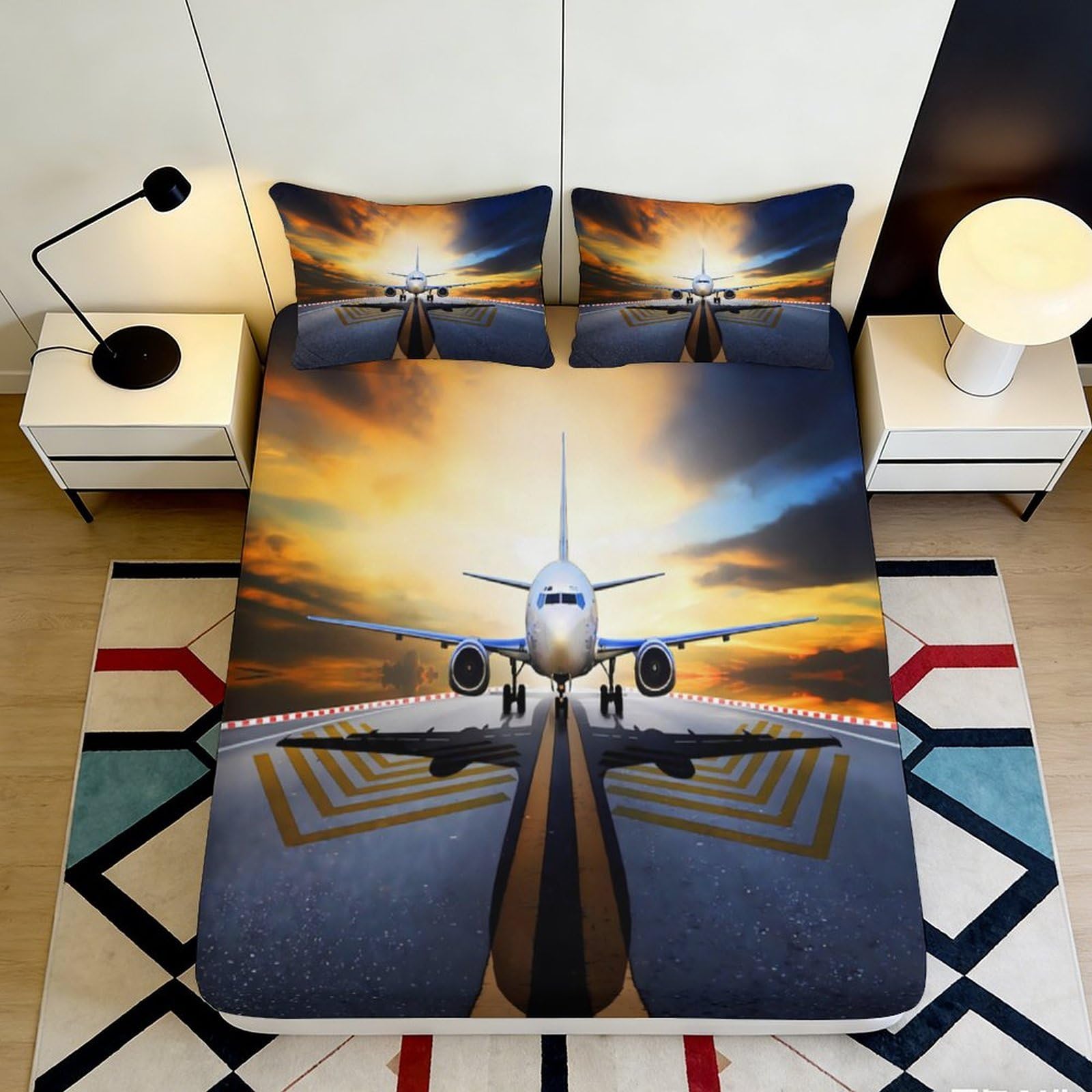 3D Printed Airplane Runway Fitted Sheet Microfiber Soft Breathable Sunset Sky Mattress Cover for Bedroom Dorm Mattress Protection Decor 140x200x25cm