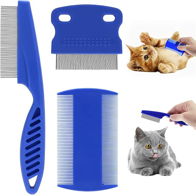 3 Pieces Pet Comb Set, Cat Dog Flea Comb, Pet Dog Cat Grooming Comb, Removal Lice Comb Fine Tooth, Metal Head Lice Combs, Grooming Tick Removal Tool for Dog Cat Tangles, Dirt, Tear Stain Remover