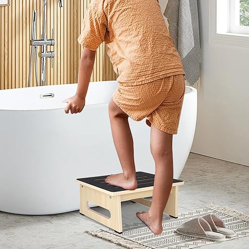 Miniatura 24 de Taburete de un solo paso para adultos mayores con superficie de goma antideslizante, taburete de madera resistente con escalones de cama de Marrón