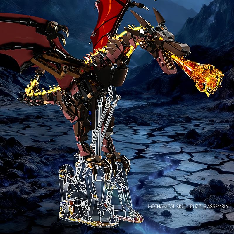 Image of SKY LINE OCEAN Fire Dragon Building Set with Display Stand - 1439 PCS Dragon Construction Model Kit, Rotatable Wings & Joints, Collectible Building Bricks for Teens & Adults (Ages 8+)