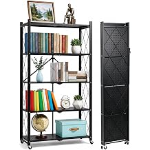COKIHOM 5 Tier Foldable Storage Shelf with Wheels, Heavy Duty Metal Rolling Shelf Rack, No Assembly Wire Shelving Unit for Kitchen, Books, Living Room, Pantry, Garage, Office, Bedroom, Black