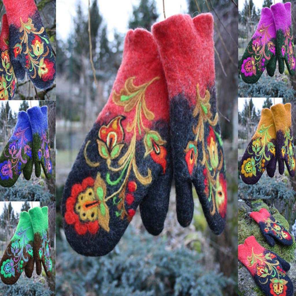 Women Floral Pattern Gloves Windproof Winter Cashmere Soft Mittens Thicken Mitten For Mother Cold Weather Supplies