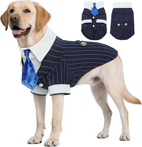 DENTRUN Traje de esmoquin azul marino para perro - Camisa de traje formal con rayas para mascotas con corbata de satén, elegante atuendo de boda y