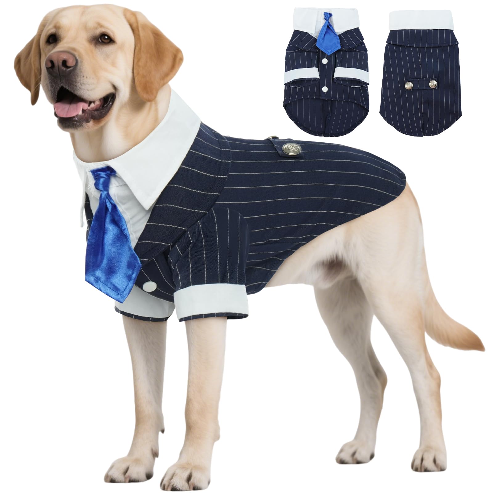 DENTRUN Navy Blue Dog Tuxedo - Formal Pinstripe Pet Suit Shirt with Satin Tie, Elegant Wedding Outfit Birthday Party Attire for Siberian Husky Border