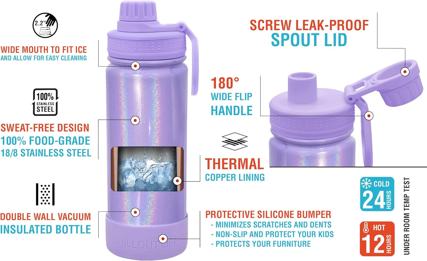 CHILLOUT LIFE 22 oz Kids Insulated Water Bottle for School with Leakproof Spout Lid and Cute Waterproof Stickers, Personalized Stainless Steel Thermos Flask Metal Water Bottle, Purple Sparkle - Image 4